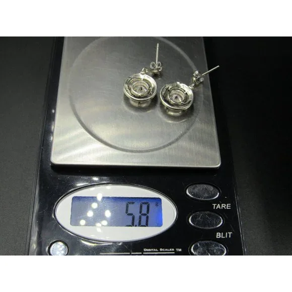 Sterling Silver Round CZ And Marcasite Accent Dangle Earrings Vintage Wedding - Picture 6 of 6